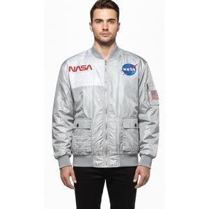 NWOT Men NASA Logo Spellout Asstseries Bomber Flight Jacket XL Reflective Gray